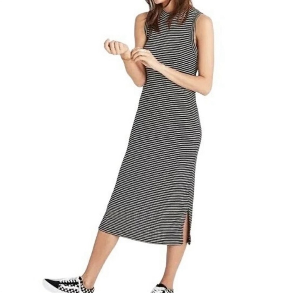 Madewell Ribbed Mock Neck Wool Black and White Striped Maxi Bodycon Dress Small
